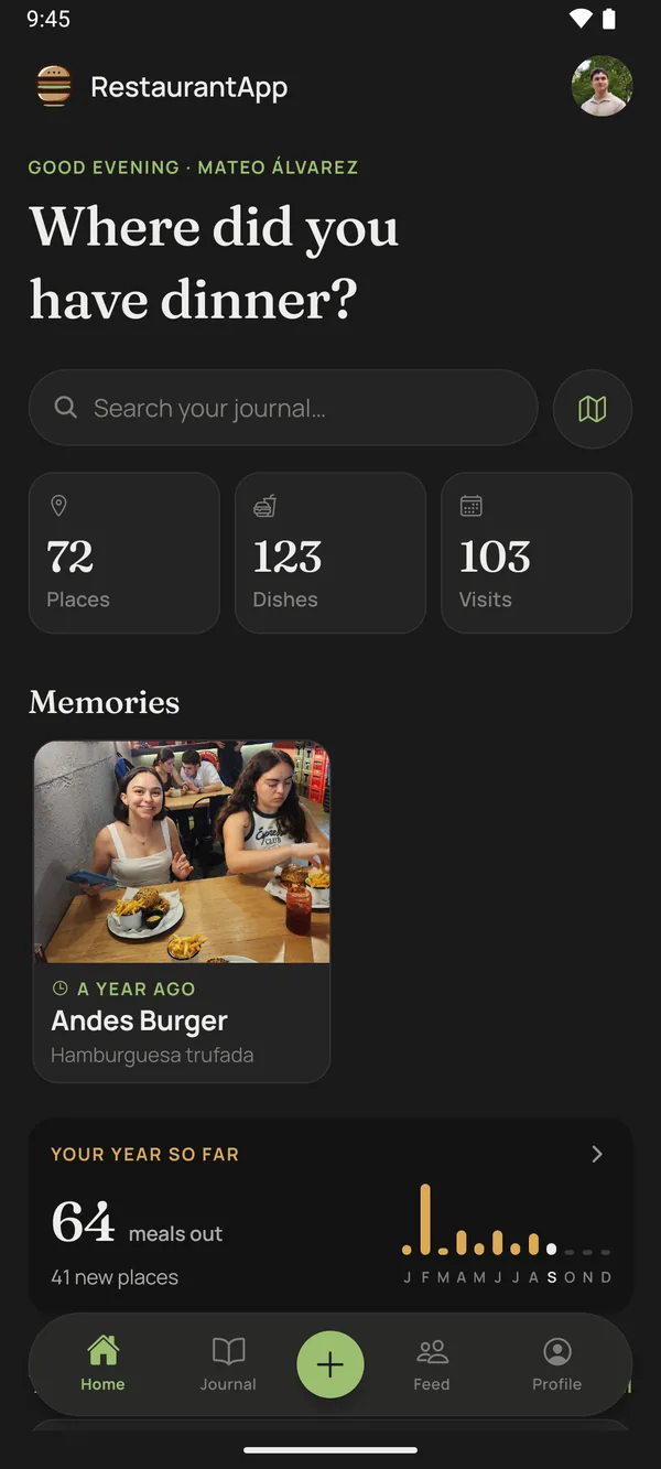 The Home screen: the greeting, the search box, the counts of places, dishes and visits, and memories from a year ago.