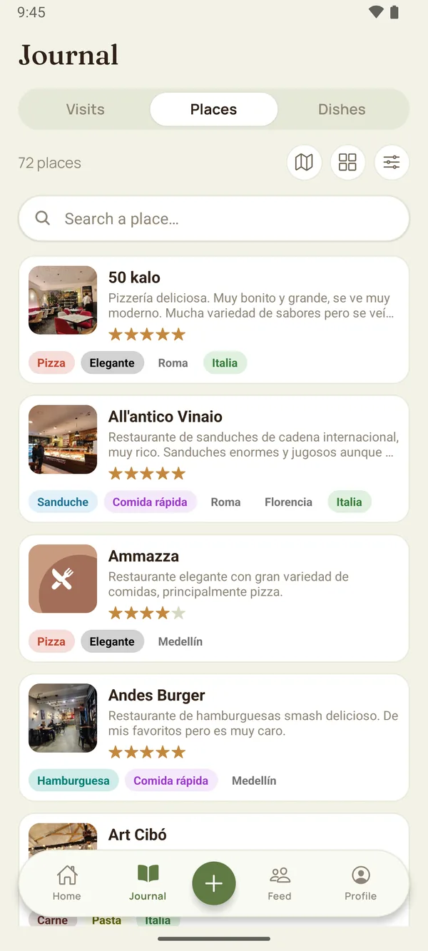 The list of places in the light theme, with colour-coded tags.