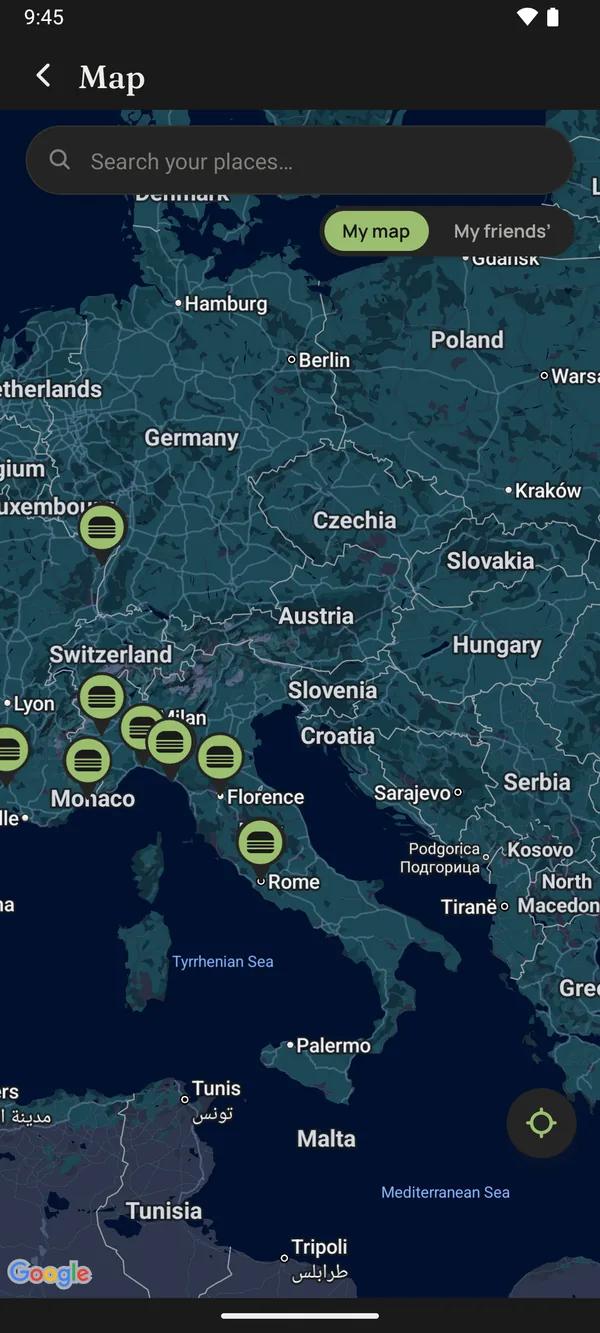 A map of Europe with saved restaurants pinned across Italy, Switzerland and France.