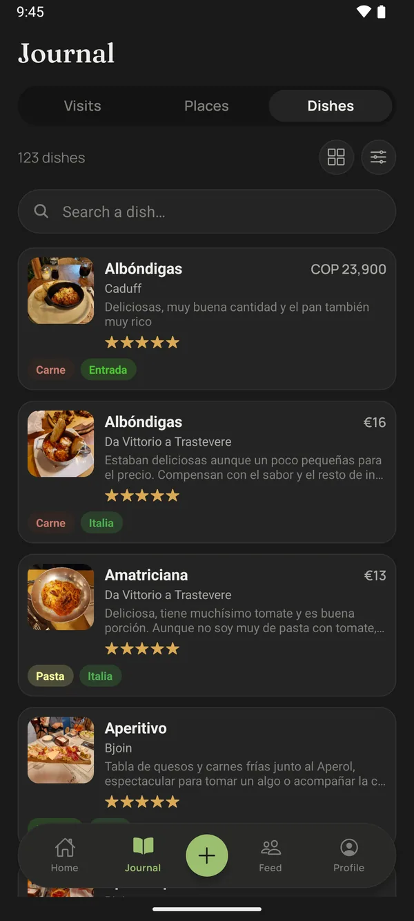 The list of dishes in the diary, with photo, restaurant, price and rating.