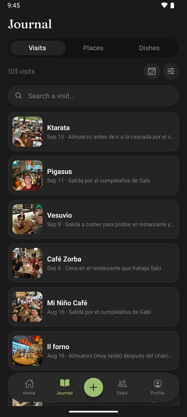 The list of visits, sorted by date, each with a photo and a note.