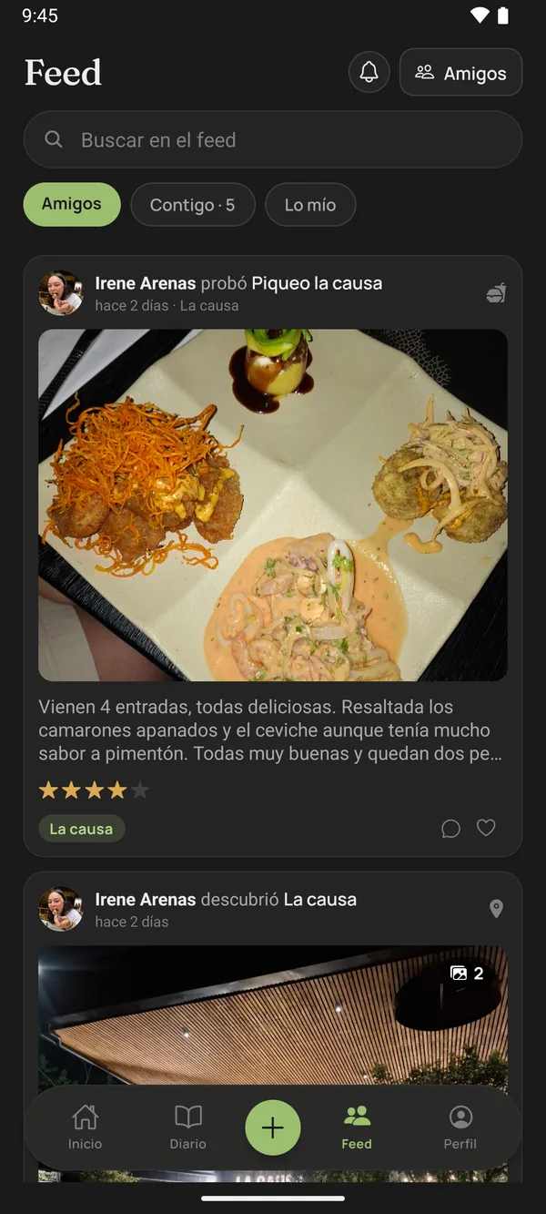 El feed de amigos, con la foto de un plato, la nota y los comentarios.