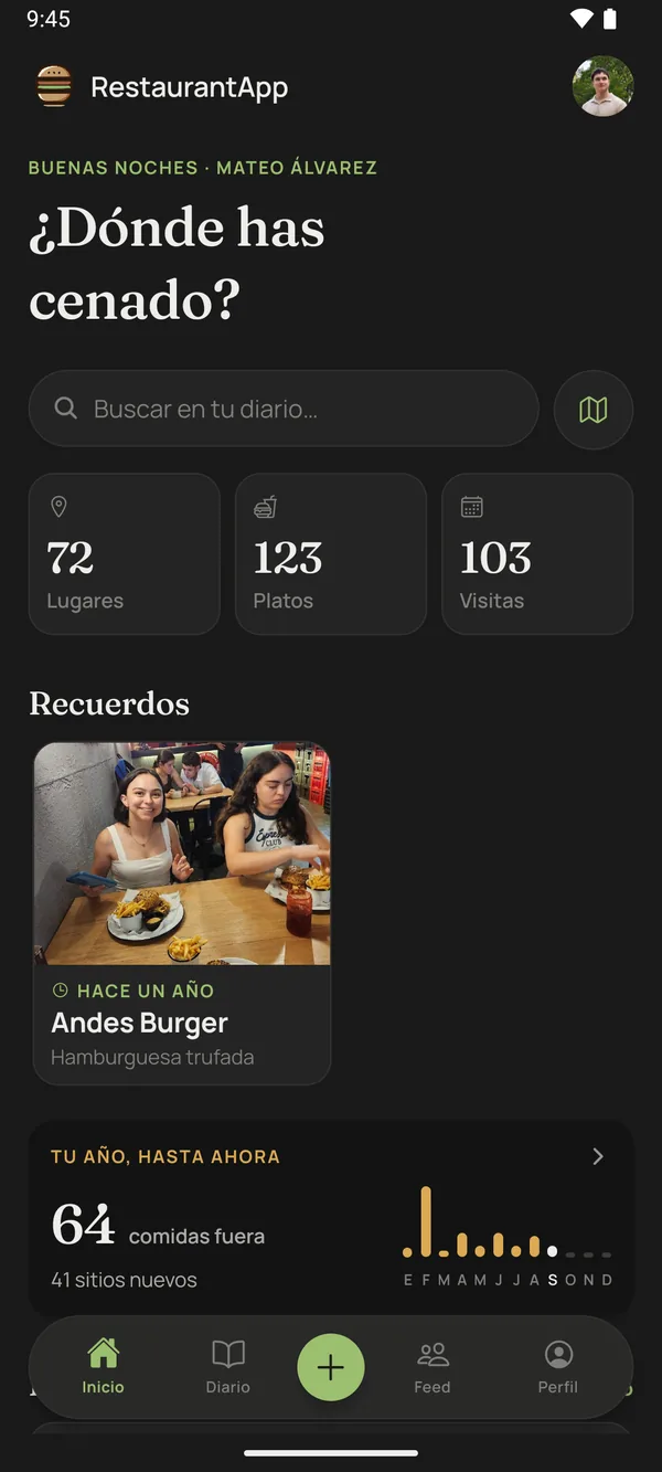 La pantalla de Inicio: el saludo, el buscador, los recuentos de lugares, platos y visitas, y los recuerdos de hace un año.