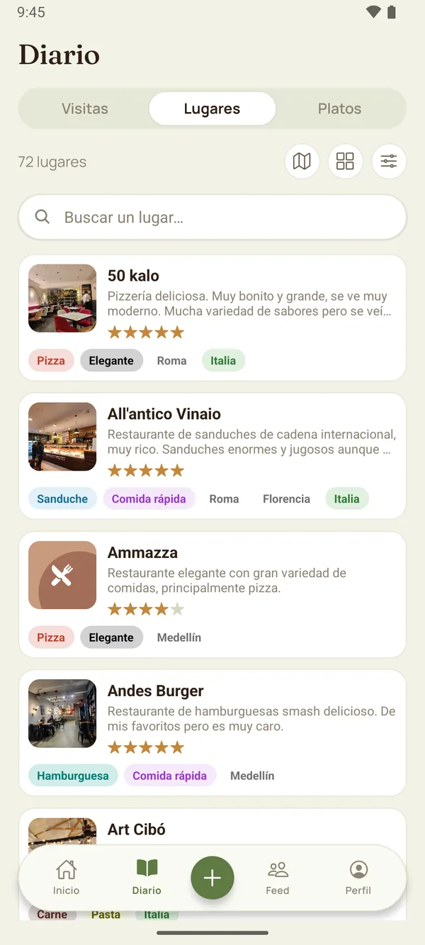 La lista de lugares en tema claro, con etiquetas de colores.