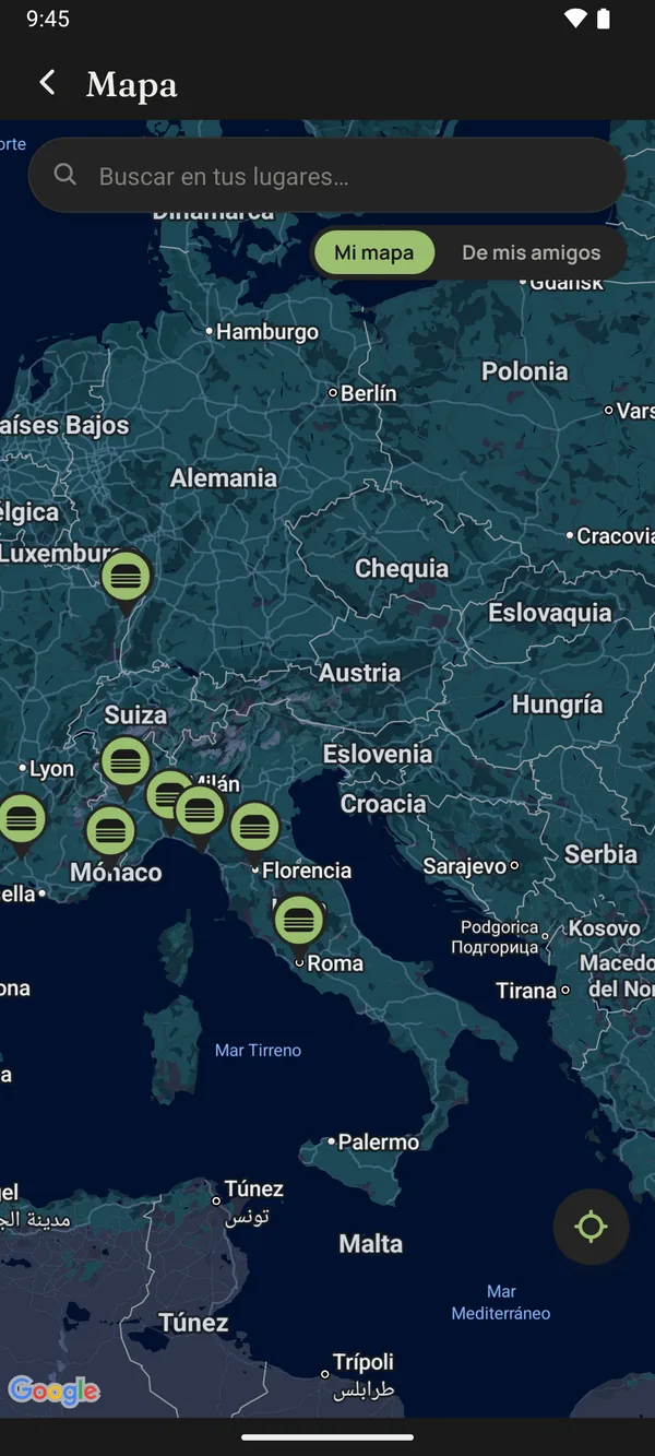El mapa de Europa con los restaurantes guardados marcados en Italia, Suiza y Francia.