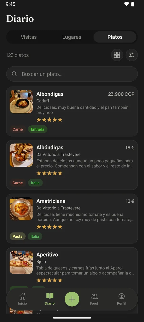 La lista de platos del diario, con foto, restaurante, precio y valoración.