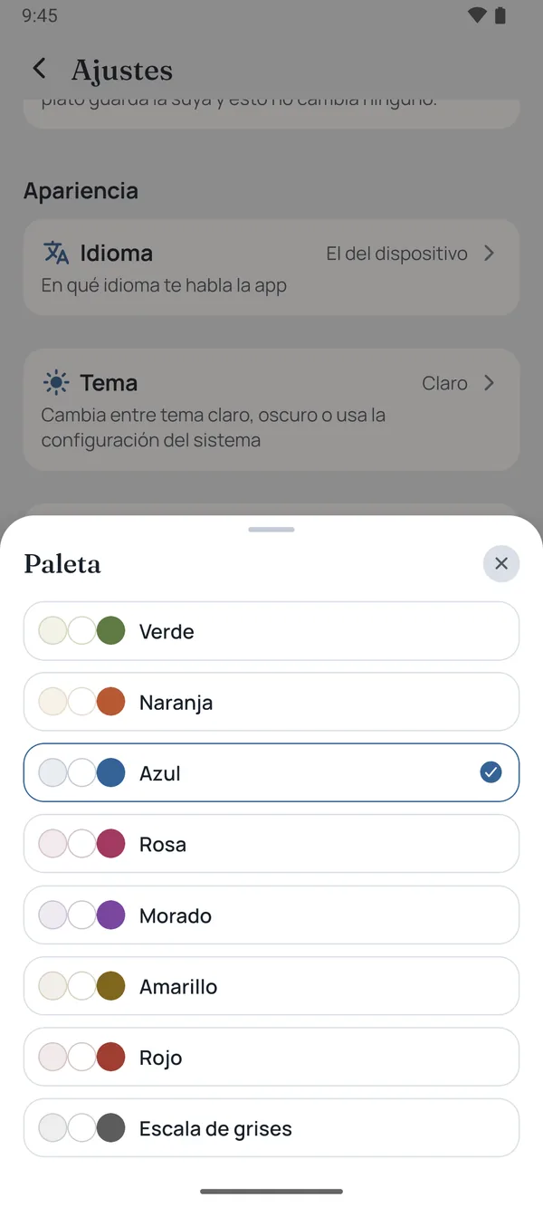 La configuración de apariencia con el selector de las ocho paletas: verde, naranja, azul, rosa, morado, amarillo, rojo y escala de grises.