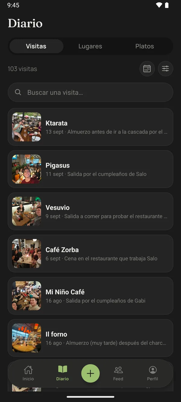 La lista de visitas, ordenadas por fecha, con foto y una nota de cada una.